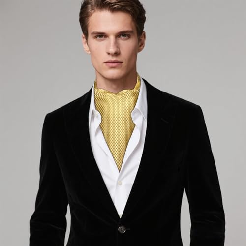 Image of Hi-Tie Silk Ascot for Men Self Tie Men's Cravat and Flower Lapel Pin Handkerchief Cufflinks Set for Wedding Party