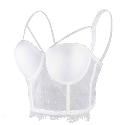 ELLACCI Women's Sexy Cut Cross Strappy Lace Mesh Bustier Tops Caged Cropped Top White Medium