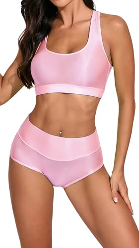 Ausing Femme Vêtement de Sport Conjuntos Deportivos Mujer Ensemble de Fitness Pole Dance Tenue Yoga Jogging Vêtements Pilate Activewear Set Deux 2 Pièces Gym Outfit Brillante Sportswear Rose Xl