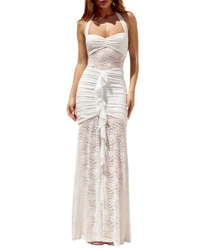 Womens Sexy Halter Backless Maxi Dress Lace Ruched High Slit Summer Dresses Party Cocktail Prom Long Dress