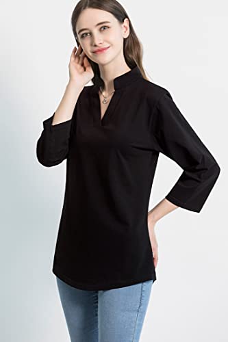 Tie G U Style Women's 3/4 Sleeve V Neck Stretch Loose Tunic Tops Casual Cotton Blouse Henley Collared Breathable Work Shirt (Rich Black, Large) #TOP2