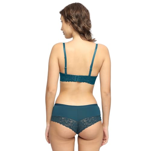 Image of SOIE Women Medium Coverage Padded Wired Thirst Lace Bra with Mid Rise Lace Shorty Cheeky Panty Lingerie Set