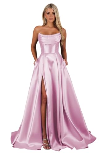 Women's Satin Prom Dresses with Slit Strapless Cowl Neck Corset Formal Dresses A Line Ball Gowns with Pockets XOD0456