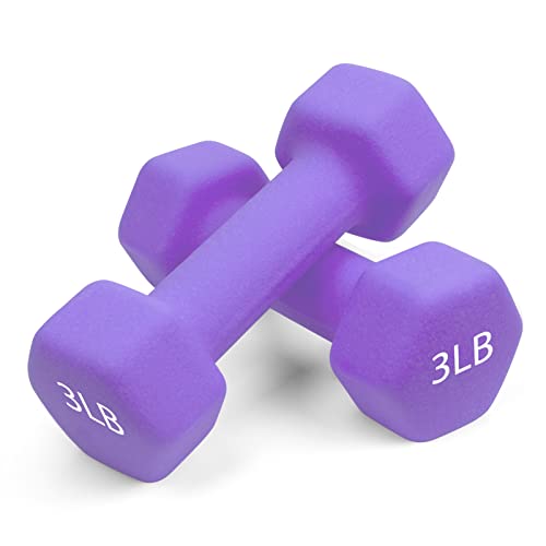 Portzon Set of 2 Neoprene Dumbbell Hand Weights, Anti-Slip, Anti-roll , Purple , 3-Pound
