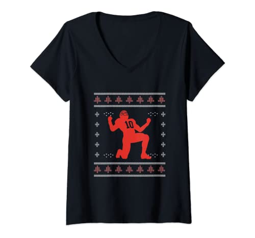 Femme Ugly Christmas X-Mas Rugby Player Team Nouvel An Père Noël T-Shirt avec Col en V