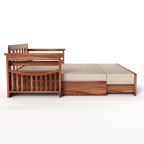 Image of Mamta Furniture Solid Sheesham Wood Sofa Set 3 Seater Furniture Wooden 3 Seater Sofa Cums Bed for Home Living Room with Cushions (Honey with Cream, 3 Seater Design 2)