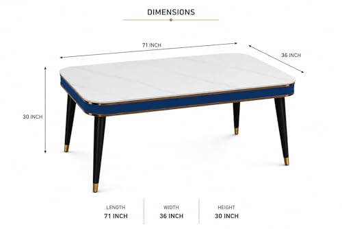 Image of WOODEN SPACE 6-Seater Wooden Dining Table Set | Nano Composite Marble Top | Solid Wood Base | Modern Dining Room Furniture with 6 Chairs (Navy Blue Vintage)