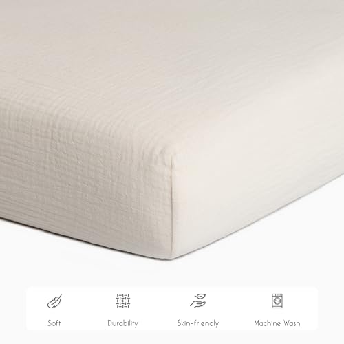 Image of Meracorallo Muslin Pack and Play Fitted Sheet, 100% Cotton, Cream | Soft Breathable Mini Crib Sheet, Pack N Play Sheet, 38x26 In, Playard Mattress Sheet for Baby Boys and Girls