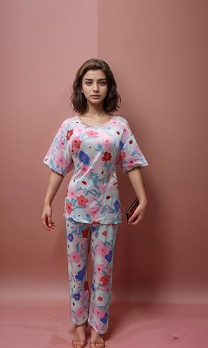 Image of Women's Cotton Round Neck Printed Night Suit - Cozy and Stylish Multicolor Pajamas with Multiprint and Multi-Design Options