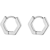Stainless Steel Hexagon Geometrical Shape Classic Simple Plain Hoop Earrings (Silver)
