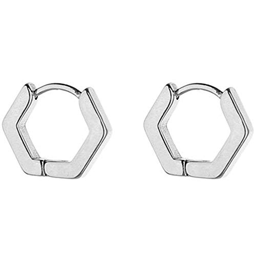 Stainless Steel Hexagon Geometrical Shape Classic Simple Plain Hoop Earrings (Silver)