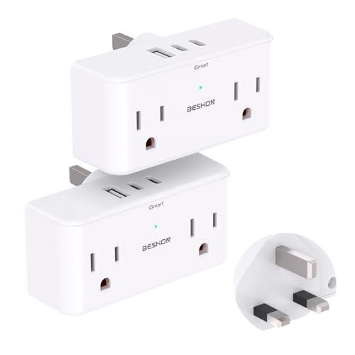 2 Pack US to UK Ireland Travel Plug Adapter, Type G Travel Adapter with 4 Outlets and 3 USB(2 USB...