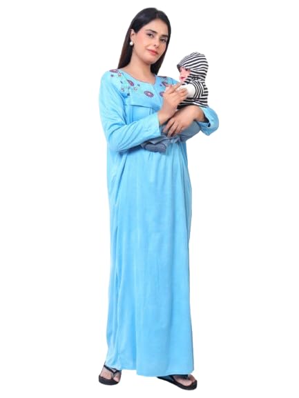Women's Baby Feeding Printed Full Sleeves Maternity Nighty with Both Side Chain Nightdress Maxi | Size-X-Large, V Shaped Neck (Article-FD-055B) Light Blue-image-8
