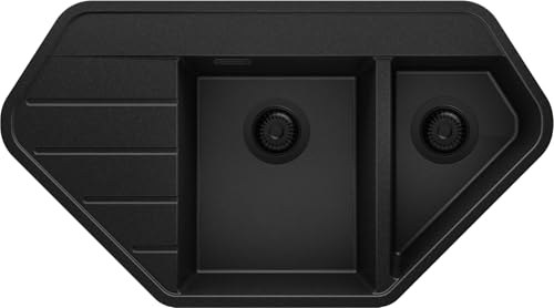 PRIMAGRAN Evier d'angle en Granit Tout Noir 90x50cm, Lavabo Cuisine 1,5 bacs + Kit de Vidage, Évier à Encastrer al mueble 70cm - Copenhague Corner