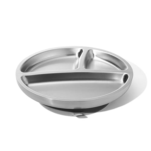 Image of Avanchy Toddler Plates with Suction – Stainless Steel Divided Plates for Babies, BPA-Free, Dishwasher Safe, Unbreakable, Non-Toxic, 100% Silicone Suction – Gray