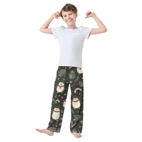 ZZXXB Christmas Penguins Pine Branch Boys Long Pants Soft Trousers Elastic Waist Kids Lounge Bottoms with Pockets S-XL2