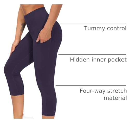 Image of THE GYM PEOPLE Thick High Waist Capris Yoga Pants with Pockets, Tummy Control Workout Running Yoga Leggings for Women