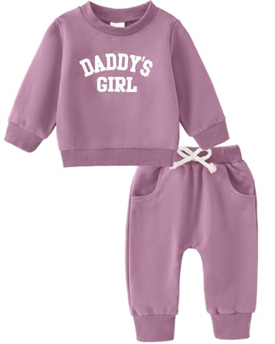 Image of Yvowming Baby Girl Clothes Daddy’s Girl Long Sleeve Sweatshirt Pullover Tops + Joggers Pants Fall and Winter Outfit Set