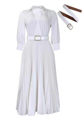 Tbahhir Business Casual Dress for Women Pleated A Line 3/4 Sleeve Maxi Dresses Belted Flowy Outfits Formal Party4
