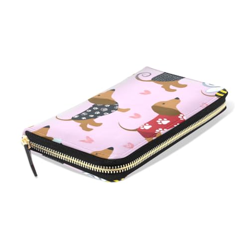 Long Wallets Leather Bifold Wallet for Women Dachshund Dog Pink with Zipper Credit Card Holder Large Capacity3