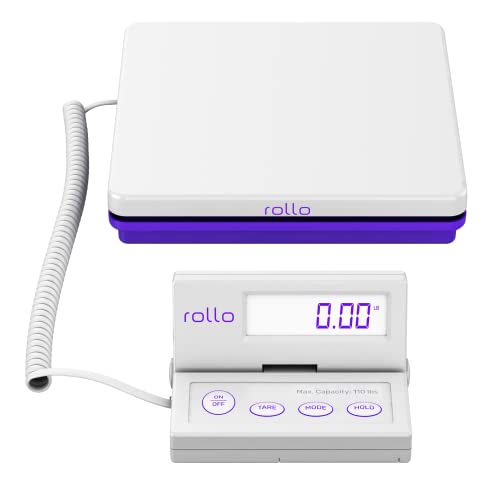 rollo shipping scale for packages - digital shipping postal scale 110 lb max - hold and tare functions - includes ac adapter and 2x aaa batteries