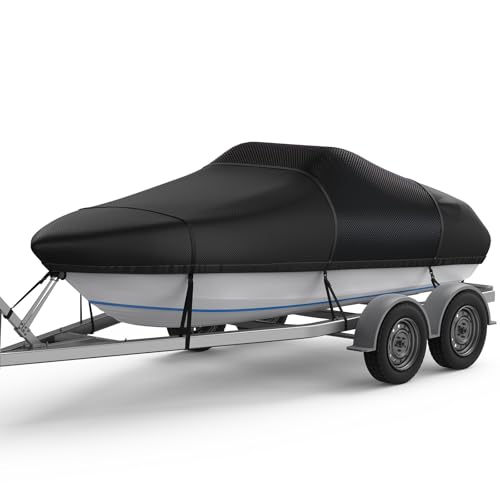 RVMasking Heavy Duty Middle 1400D Reinforced Boat Cover with Storage Bag Trailerable Marine Grade Waterproof Boat Cover Fits Bass Boat, V-Hull, Runabout, Length: 14'-16', Beam Width up to 90", Black