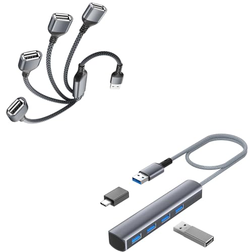 Elebase Alargador USB 0.3M,USB Splitter Y Cable y Hub USB 3.0 4 Puertos,Multi USBA 3.0 Hub con Cable de 20 cm para PS5,Ordenador,Xbox One X S,Mac,PC,TV