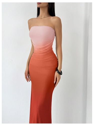Image of GORGLITTER Women's Sunset Ombre Strapless Cocktail Bridal Shower Midi Dress | Orange Wedding Guest Dress, Mesh Tube Dress, Bridesmaid Dresses, Vacation Beach Sundresses,
