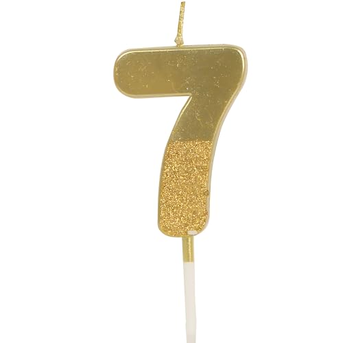 Image of Birthday Number Candles 7 for Kids Cake Topper Decoration Sparkle Gold Metallic Drip-Resistant Candles for Wedding Anniversary Graduation Retirement Seventh Year Celebration Size 5 x 3.5 cm