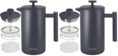 Image of Secura French Press Coffee Maker, 304 Grade Stainless Steel Insulated Coffee Press with 2 Extra Screens, 34oz (1 Litre), Grey (Pack of 2)