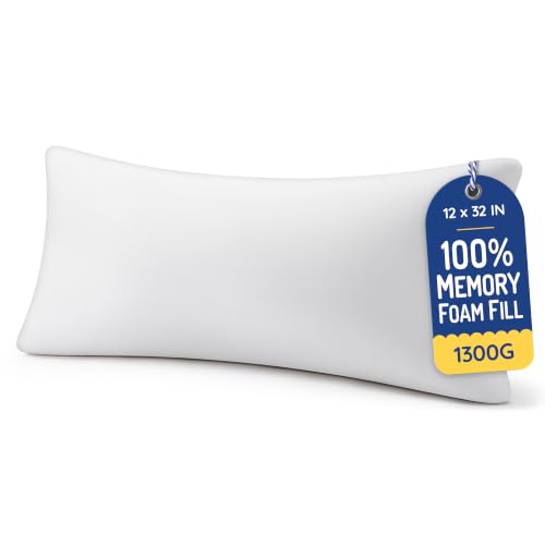 Image of AM AEROMAX 12x32 Memory Foam Throw Pillow Insert, Rectangular Lumbar, White | Long accent shape decorates bed /sofa /couch | full pillow-cover look | resists sagging | comfortable to lean on