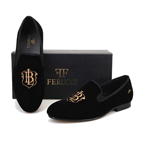 FERUCCI Handmade Men Black Velvet with Embroidered -BL- Bachelor Life Slippers Loafers Flats3