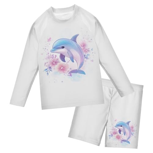 Floral Dolphin Blossom Pastel Toddler Swimsuit Boy 3T Swimwear Sets Long Sleeve Bathing Suits with Swim Trunks, 2 Piece