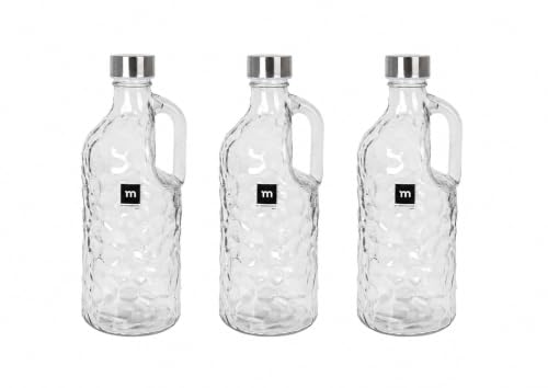 Acan Tradineur - Pack de 3 botellas de cristal con asa 1000 ml, tapa de rosca de plástico y metal, jarra dispensadora 24,7 x 9,5 cm para agua fría o caliente, bebidas, té helado