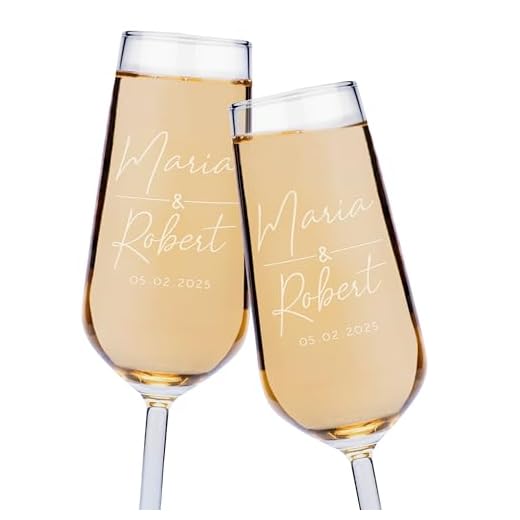 Personalized Wedding Champagne Flutes for Bride and Groom - Set of 2, 7 oz, 2 Designs - Champagne Glasses for Engagement with Your Names and Date - D1