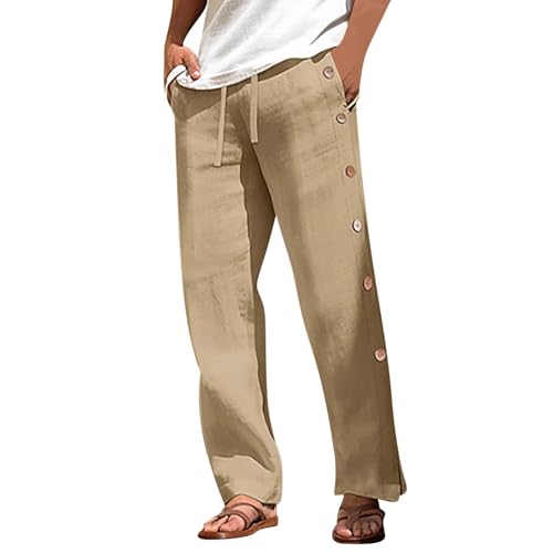 Long Pants for Men Drawstring Side Buttons Straight Breathe Trousers Wide Leg Casual Beach Pant Working Outdoor Wear