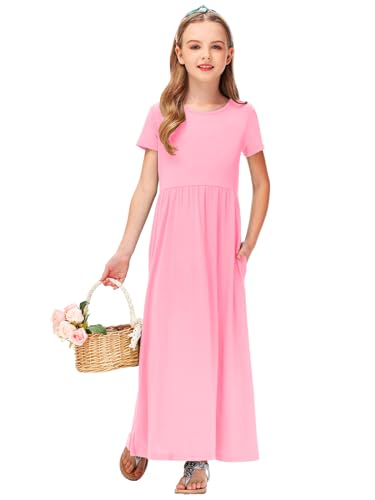 Image of Deerose Girls Maxi Dress Short Sleeve Casual Long Dresses with Pockets 5-14 Years