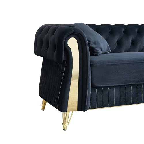 Image of KEIKI 89 inch Chesterfield Velvet Button Tufted Sofa with High Density Foam Cushions and 2 Toss Pillows, Modern Style 3-Seater Couch with 4 Gold Metal Leg, Easy Assembly, for Living Room, Apartment, Black
