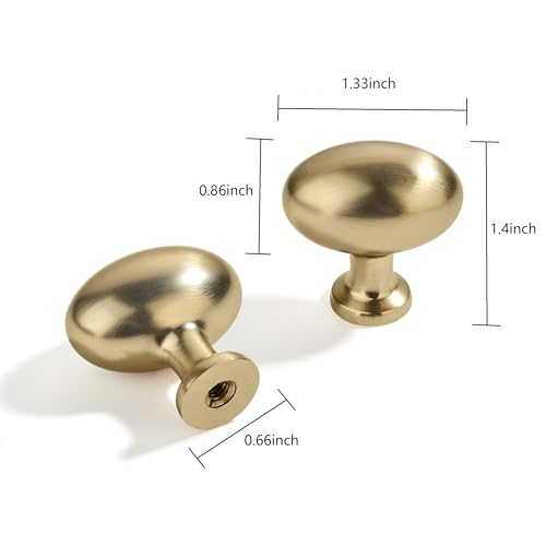 10 Pack Solid Satin Brass Oval Cabinet Knobs for Dresser Drawers