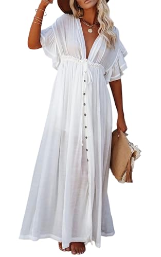 Image of R.Vivimos Maxi Dresses for Women 2026 Summer Short Sleeve V Neck Drawstring Tie Boho Loose Flowy Long Dresses with Pockets