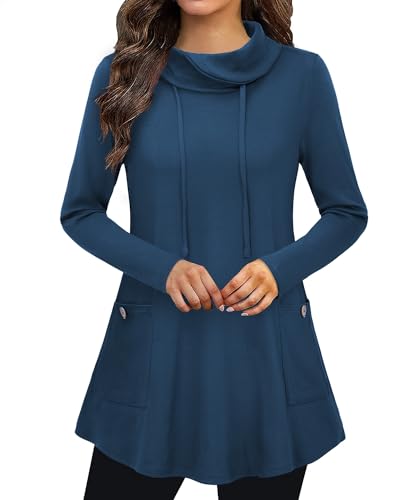 Bulotus Fall Sweaters for Women 2025 Cowl Neck Asymmetrical Long Tunics for Leggings Vacation Travel Tops with Pockets