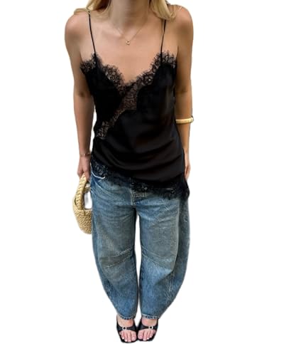 Women Satin Lace Camisole Top Sleeveless Spaghetti Strap Silk Lace