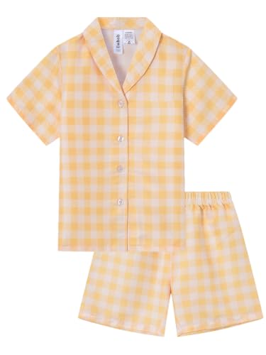 Ewbob Girls Pyjamas Set Short Sleeve Button Down kids pjs Soft And Breathable Adorable Loungewear Ages 5-14C34-Yellow Checker-11-12Y