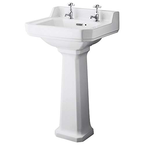 Milano Richmond - Traditional White Ceramic Full Pedestal 2 Tap Hole Bathroom Basin Sink - 500mm x 350mm