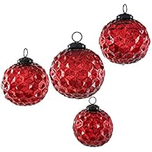Serene Spaces Living Set of 4 Red Diamond Dimple Glass Ball Ornaments for Christmas Tree, Holiday Decor, Easter, Party, Wedding Decorations, Display in Window Box, Each Measures 4" Diameter