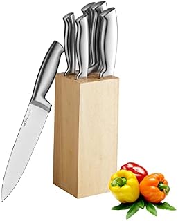 WUJO Kitchen Knife Block Set, Solid Wooden Block, 5-Piece Professional Stainless Steel Chef Knife Set with Sharp Blades,Smooth Handle