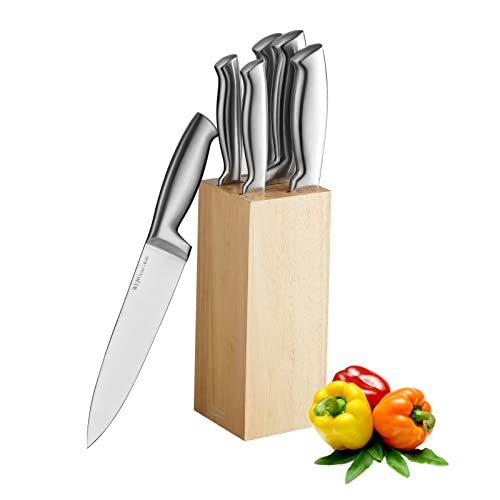WUJO Couteau de Cuisines Professionnelle,6 Pièces Set Couteau Cuisine en Acier Inoxydable, Ensemble de Couteaux avec Bloc Couteaux en Bois.