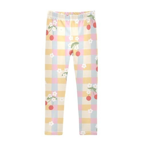 Gingham Flowers Girls Leggings,Workout Leggings for Girls Toddler Athletic Leggings Size for 3-10T