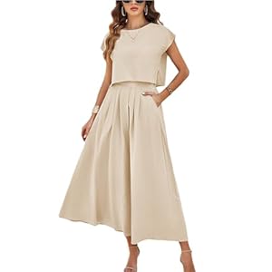 HangNiFang Summer Skirt Sets Women 2 Piece Outfits Cap Sleeve Top Elastic Waist Maxi Dress Sets with Pockets
