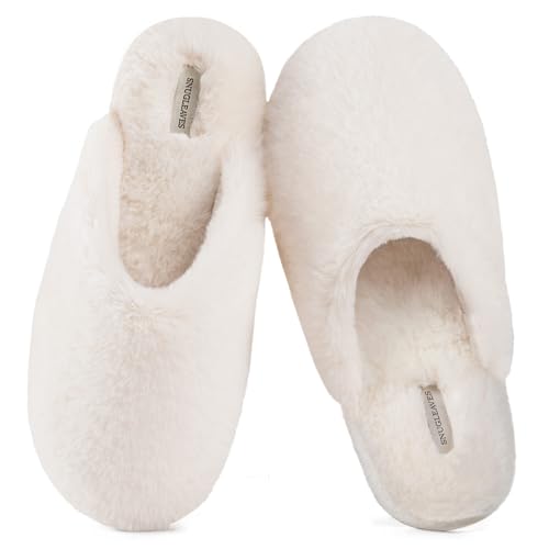 Snug Leaves Women's Fuzzy Scuff Slippers Soft Comfy Memory Foam Non-slip Indoor House Shoes (Cream White, Size 5-6)